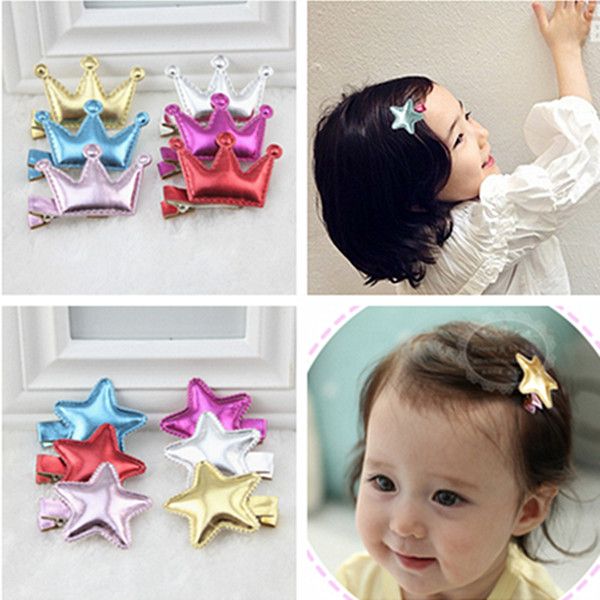 

wholesale- 6 pcs/lot pu star/ crown baby girls' hair grips hairpins kids hair accessories, Slivery;white
