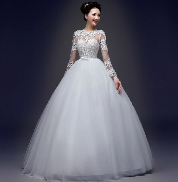 

jewel neck vintage ball gown wedding dresses with lace appliques 2017 new floor length bridal dress, White
