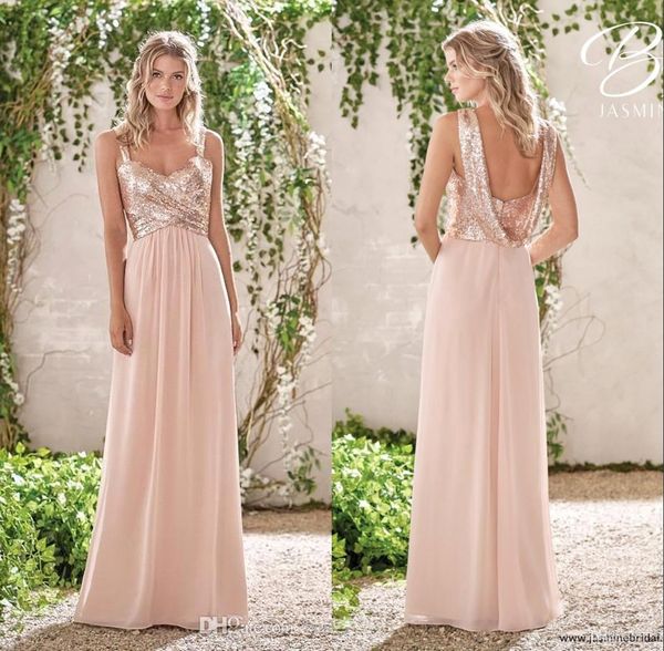 Abiti da damigella d'onore in oro rosa A Line Spaghetti Backless Paillettes Chiffon economici Long Beach Abito da damigella d'onore per invitati a un matrimonio Maid of Ho289L