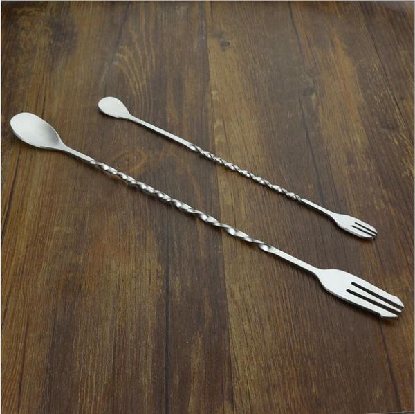 

wholesale- creative stainless steel bar double head spoon fork spiral stirring rod long handle cocktail spoon stirrer barware tableware