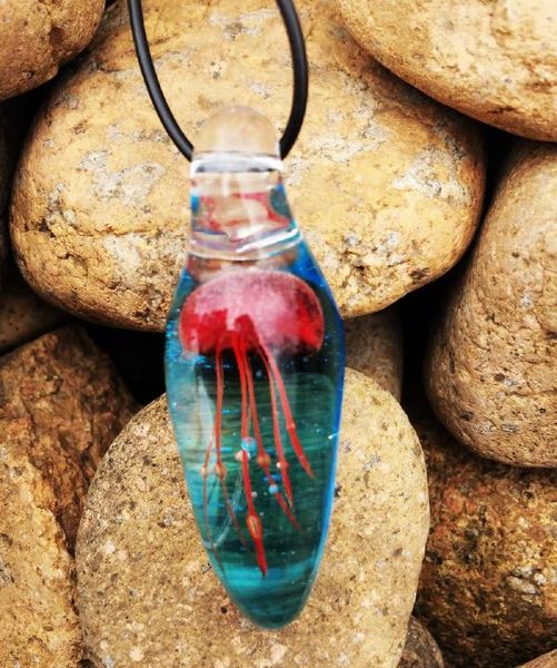 

handcraft blow blue glass red jellyfish pendant necklace, Silver