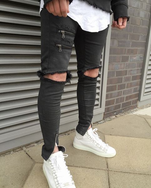 

wholesale- 2017 men ripped jeans pants zipper design jean destroyed big male slim denim straight biker skinny jeans men street trousers, Blue