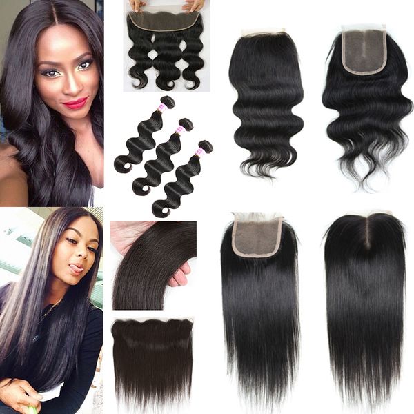 

straight hair extensions body wave virgin human hair weft 3 bundles with closure or 13x4 ear to ear frontal closure unprocessed hair weaves, Black