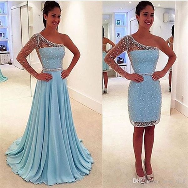 

one shoulder chiffon evening gowns two pieces prom dresses long blue popular with beading vestido de noche, Black