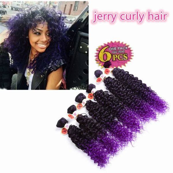 

6pcs/lot synthetic weave hair extensions jerry curly ombre brown kanekalon deep curly crochet purple braiding hair for balck, Black