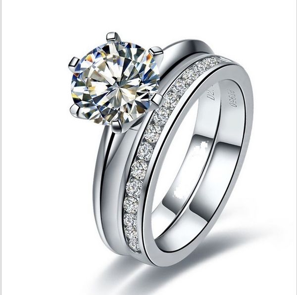 

two rings a set 1ct round cut synthetic diamond wedding female set rings 925 sterling silver ring white gold plated, Slivery;golden