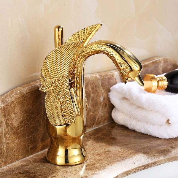 

wholesale- gold finish luxury swan shape brass basin sink faucet bathroom single hole centerset basin mixer tap