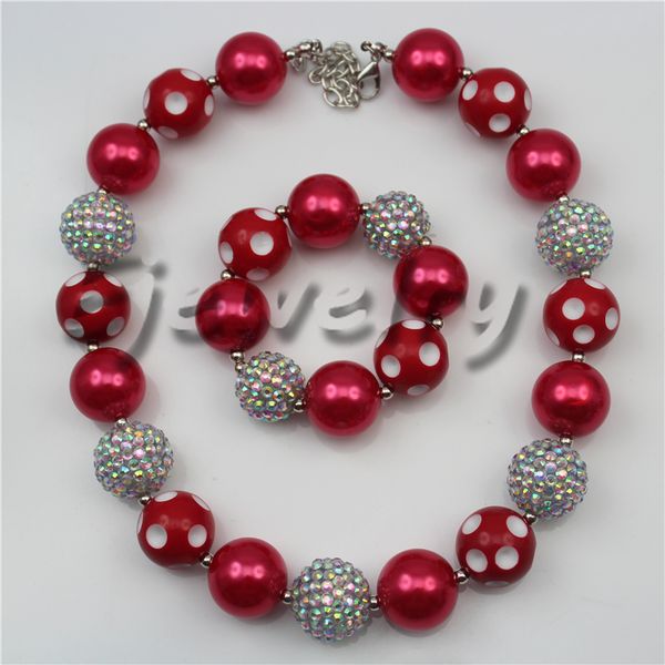 

fashion jewelry silver abcolor rhinestone beads necklace red pearl dot beads chunky bubblegum necklace &bracelet set cb752