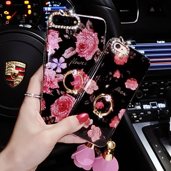 

Для iPhone 6 6s Plus 7 8 Plus Ring Grip Bling Цветочный шаблон Case Plus Мягкие чехлы для обложки TPU Glitter