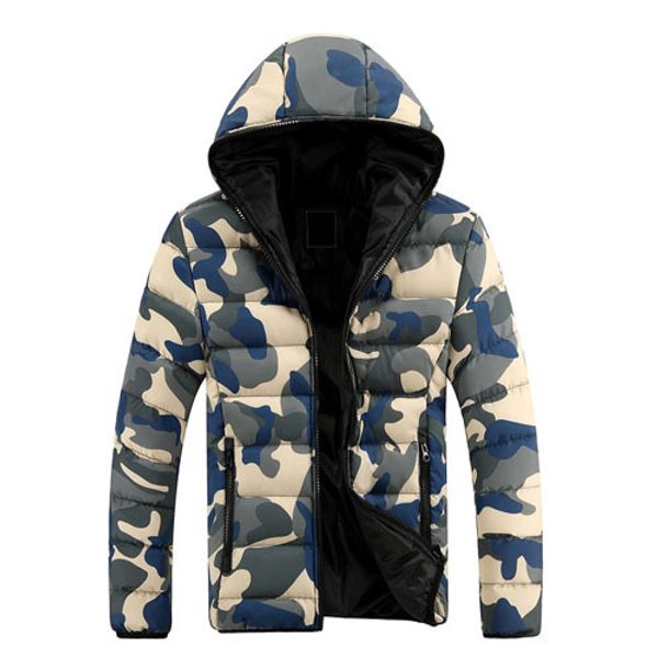 

wholesale- blue camouflage mens parkas hooded long sleeves zipper pockets winter warm coats mens causal winter parkas homme, Black