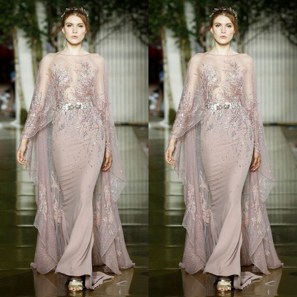 

2018 zuhair murad mermaid prom dresses with cap sheer bateau neck sequined formal dress evening wear appliqued pageant gowns, Black