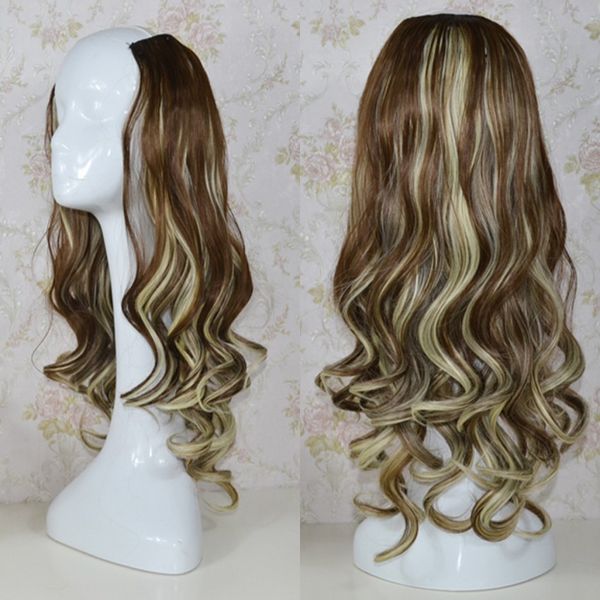 

sara woman curly hair clip u partwig clip in curly hair extension 60cm,24" half partwig lace frontwigs hairpieces, Black;brown