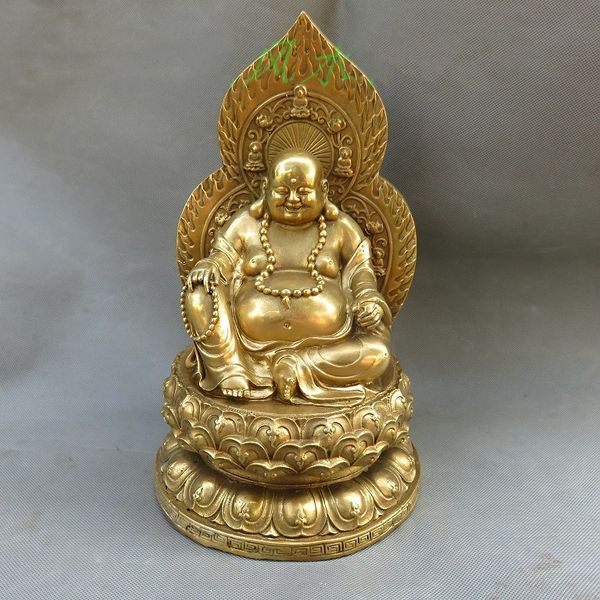 Chine Bouddhiste Tempel En Laiton Assis Lotus Heureux Rire Bouddha Maitreya Statue