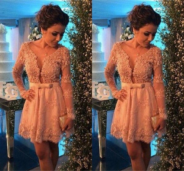 

Champagne Color Mini Cocktail Dresses with Long Sleeves Sexy Short Party Dresses Homecoming Party Gowns Vestidos de Venda