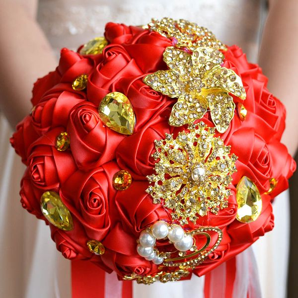 

2017 Red and Gold Brooch Bouquet Champagne Wedding Bouquet Handmade Artificial Flower Rose bouquet de mariage Crystal Wedding Bouquets