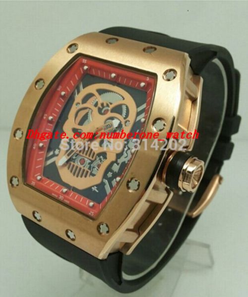 

luxury watches golden skeleton red dial men's tennis sports black rubber strap mens watch, Slivery;brown