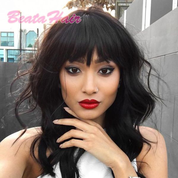 Natural Wavy Short Human Hair Bob Wigs With Bangs Virgin Brazilian
