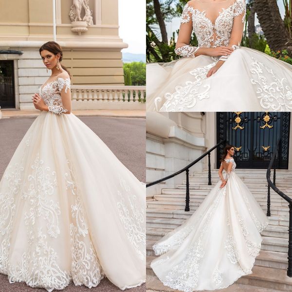 

long sleeves elegant luxury a-line wedding dresses lace appliques backless modern chapel train bridal gowns, White