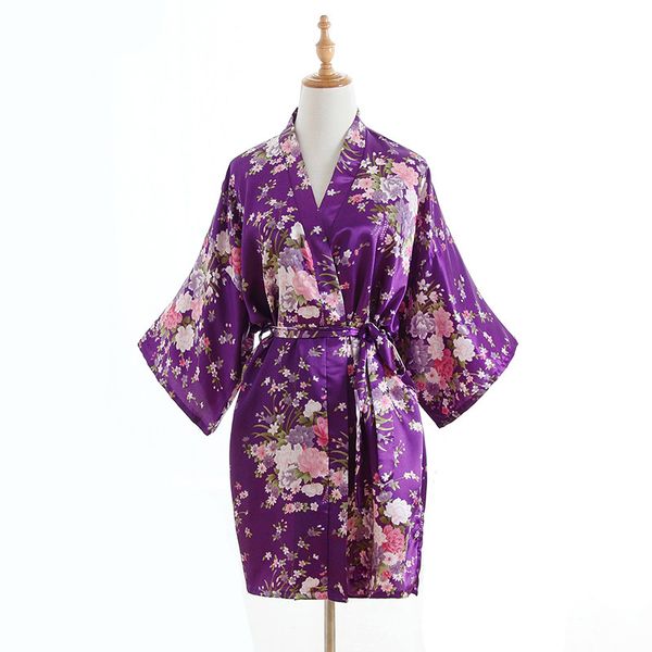 

wholesale- plus size fashion ladies summer short kimono mini bath robe gown purple women's rayon yukata nightgown pijama mujer msf009, Black;red
