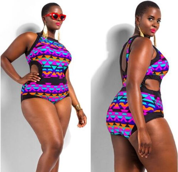 Roupa de banho de verão colorida geométrica monoquíni brasileiro oco cintura alta biquínis femininos sexy acolchoados uma peça plus size