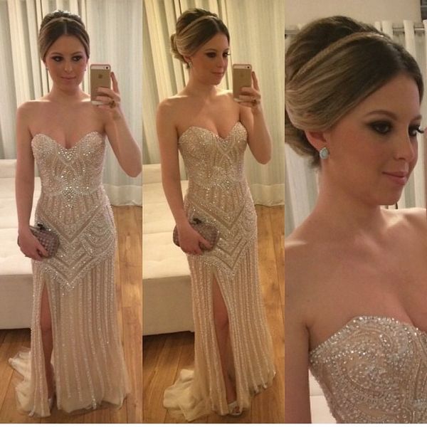 

2017 stunning major beadings crystals prom dresses mermaid sweetheart split evening gowns luxury red carpet party dresses long, Black