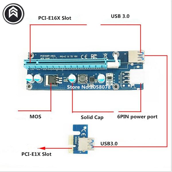 Envío gratuito Venta al por mayor USB 3.0 PCI-E Express 1X 4x 8x 16x Extensor Tarjeta adaptadora vertical SATA 15 pines macho a 6 pines Cable de alimentación 10 unids / lote 006C