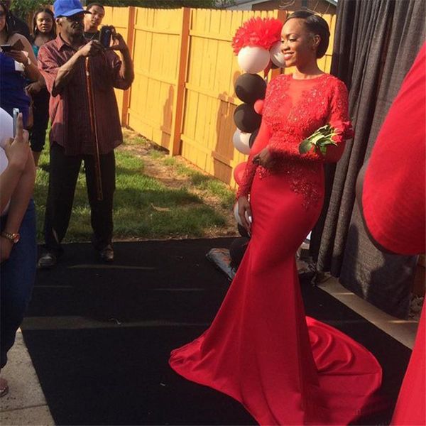 

scoop neck long sleeves beaded long court train chiffon red prom dress mermaid african evening dresses formal party dress vestido formatura, Black