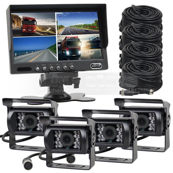 

4-pin 7inch split quad car monitor + 4 x hd ccd ir night vision rear view camera waterproof for truck bus