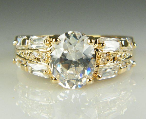 

luxury 18k solid yellow gold plated crystal zircon gemstone ring gold engagement wedding lovers couple ring,ing, Slivery;golden