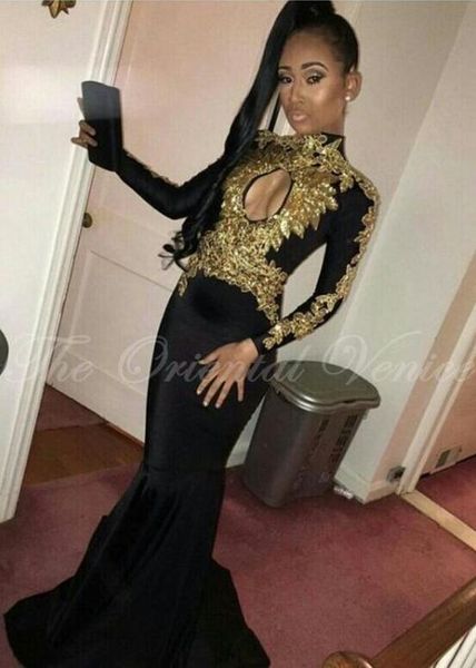

2017 new black mermaid prom dresses 2k17 high neck hollow out long sleeves gold appliqued evening dresses vintage black girl wear