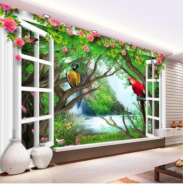 Yüksek Kalite Özelleştirmek boyutu Modern Orman şelale papağan gül vines beyaz pencere arka plan duvar kağıdı duvarlar için 3 d oturma odası için