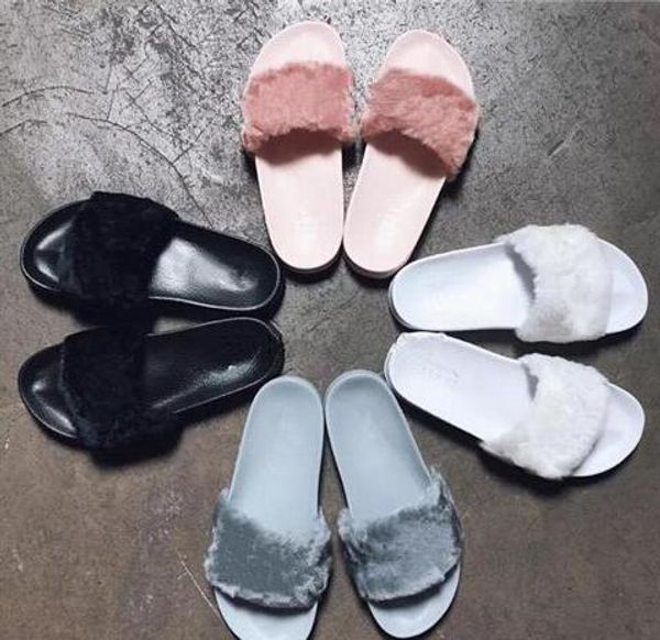 

rihanna fur leadcat fenty slides women men slippers house winter slipper home shoes woman warm slippers chinelos bag, Black