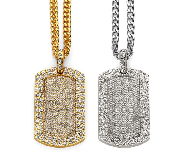 

New Bling Smooth Army Card Pendant Iced Out Full Rhinestone Gold Plated Dog Tag Necklace Hip-hop Jewelry women men Gift
