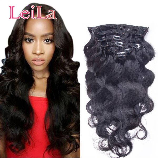 

indian human hair clip in on hair extensions 100-140/g body wave virgin hair products body weaves natural color, Black;brown