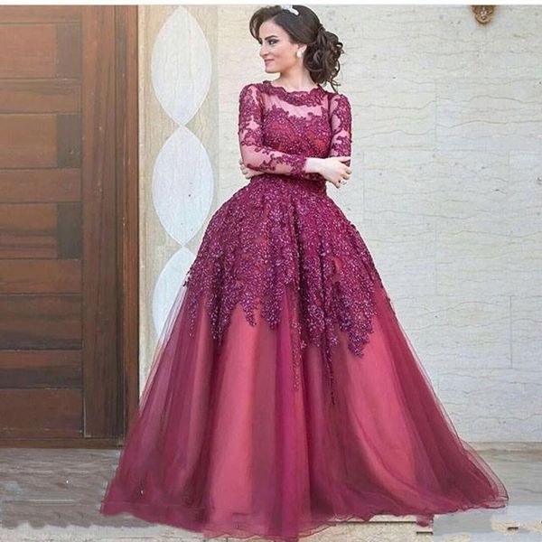 

элегантное вечернее платье robe de soiree бордового цвета с кружевными аппликациями с длинным рукавом шея с драгоценными камнями и длинными, Black;red