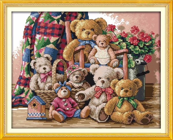 Urso família dos desenhos animados padrões de pinturas de decoração, Handmade Cross Stitch Bordado conjuntos de costura contados impressão sobre tela DMC 14CT / 11CT