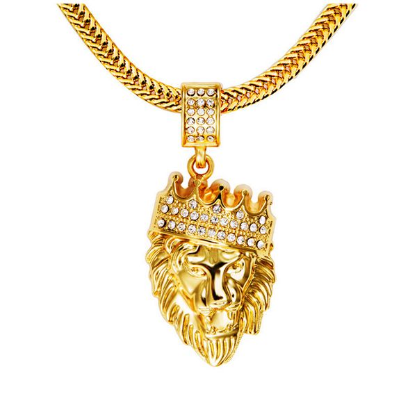 

2017 мода хип-хоп блестящий Алмаз Кристалл Корона Лев голову кулон ожерелье мужские 14 K позолоченные длинная цепь ожерелье партии подарки