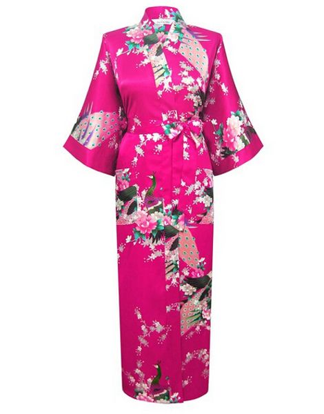 

wholesale- pink fashion women's peacock long kimono bath robe nightgown gown yukata bathrobe sleepwear with belt s  l xl xxl xxxl, Black;red