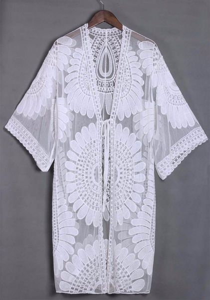 

Summer bikini beach cover up women floral embroidery un creen blou e long cardigan bathing uit bohemain hirt wimwear beachwear