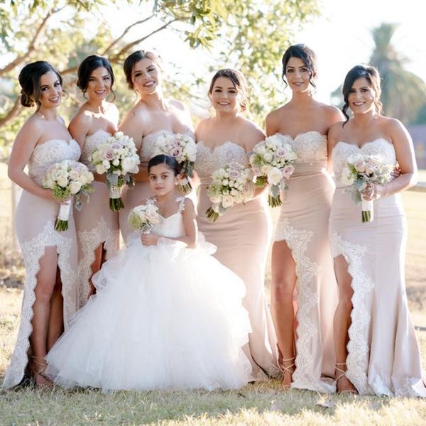 

elegant sweetheart lace appliqued mermaid bridesmaid dresses 2017 new side split maid of honor gowns formal prom evening dresses, White;pink