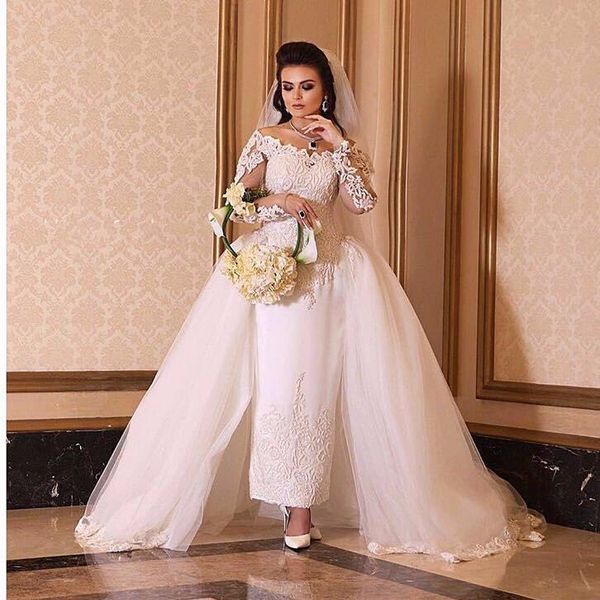 Vestido de noiva árabe do ombro vestidos de noiva de manga longa com manga longa com apliques de renda de trem destacável vestidos de noiva