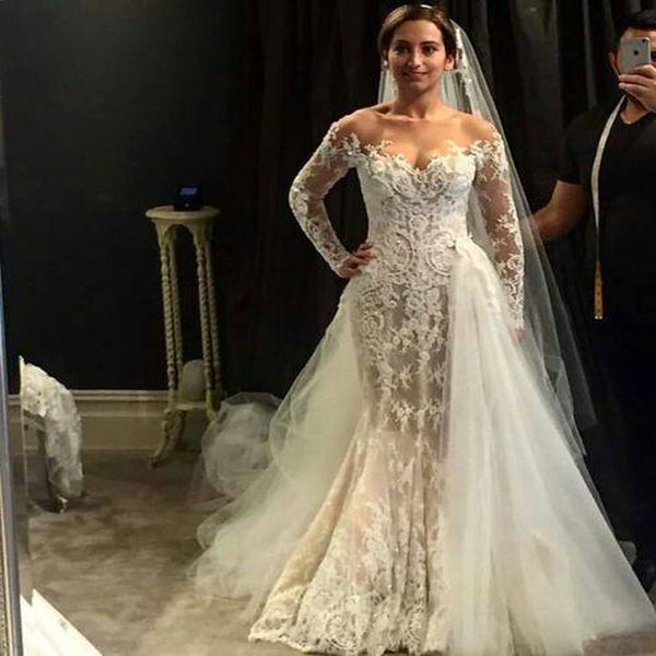 

с плеча длинные illustion рукава свадебные платья со съемным поездом 3d кружева аппликации русалка свадебные платья тюль старинные свадебные, White