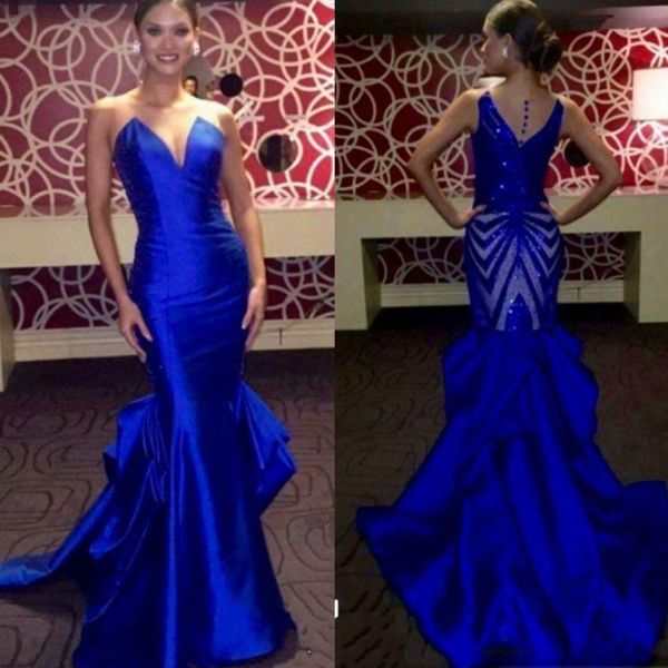 Elegante königsblaue Abendkleider mit transparentem Hals, ärmelloses Satin-Meerjungfrau-Abschlussballkleid mit Pailletten am Rücken und 2017 Miss USA Pageant Partykleid