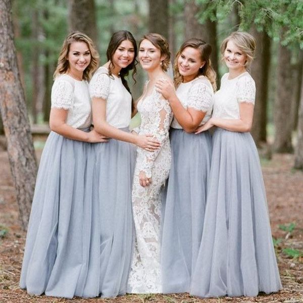 

2020 gray contrast color long custom made bridesmaid dresses jewel cap sleeves a line tulle boho long junior bridesmaids gowns