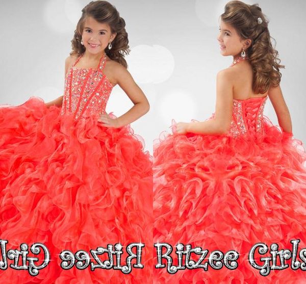 Organza-Ballkleid, glitzernde Festzug-Kleider für Mädchen, Organza-Paspeln, rückenfrei, Fink-Gelb, bodenlange Blumenmädchen-Kleider