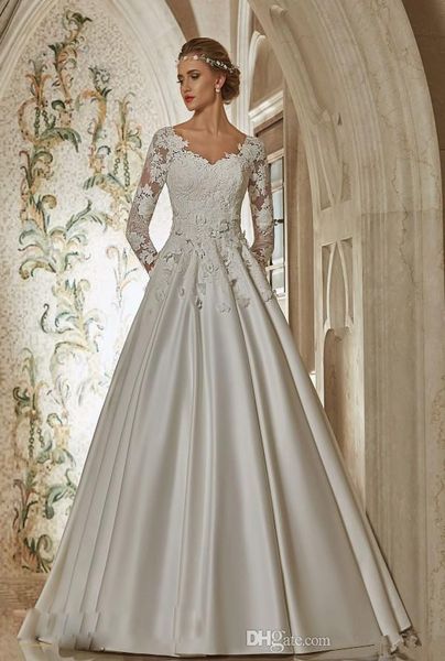 

2019 vintage lace wedding dresses vestidos de noiva v-nek applique a-line 3/4 long sleeve bridal gowns custom made selling new w1030, White