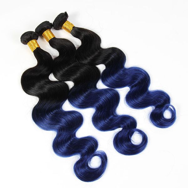 

two tone 1b blue ombre 100g pcs brazilian body wave human virgin hair 3 bundles 100% human hair black and blue ombre extensions, Black;brown