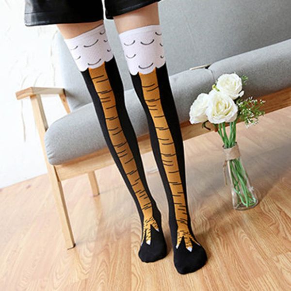 

wholesale- 1pair winter warm cartoon animals stockings women's yellow 3d chicken feet toe cotton blend long knee high socks ing, Black;white