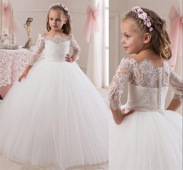 

vintage lace ball gown flower girl dresses off-the-shoulder communion dresses 3/4 long sleeve floor length tulle child pageant gowns f058, White;blue