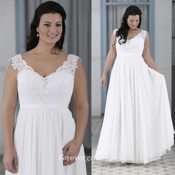 Страна стиль белый шифон длинное свадебное платье высокое качество линии v шеи женщины носить свадебное платье плюс размер